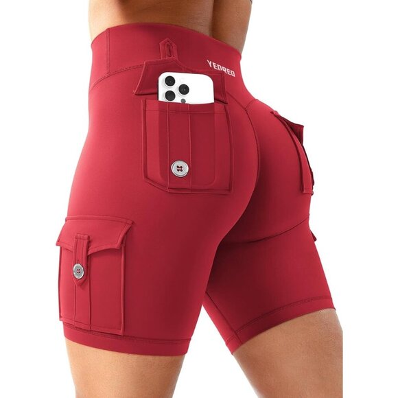 🆕Women Red Workout Biker Pockets Scrunch High Waisted 8" Inseam Gym Shorts - Picture 1 of 5